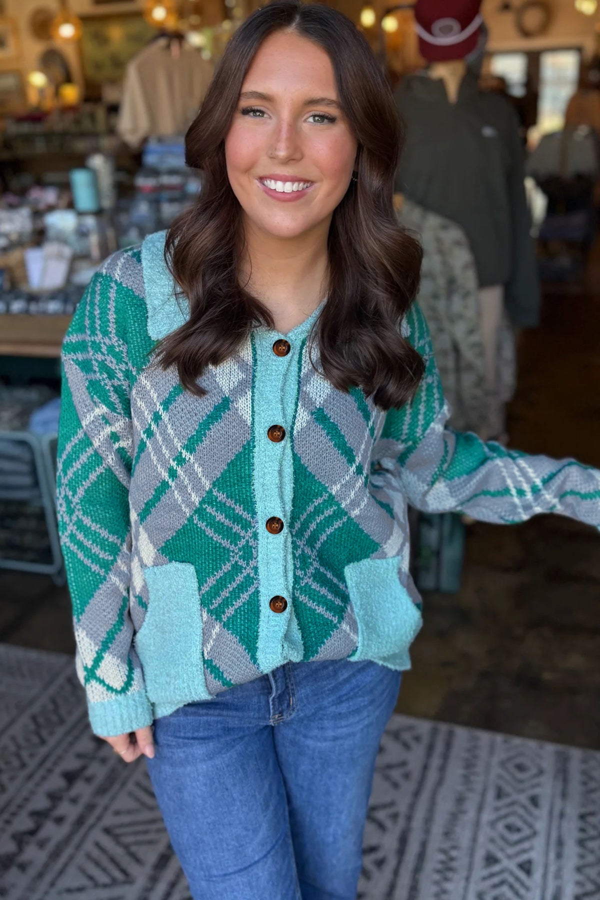 Green Plaid V-Neck Long-Sleeve Shift Cardigan Sweater