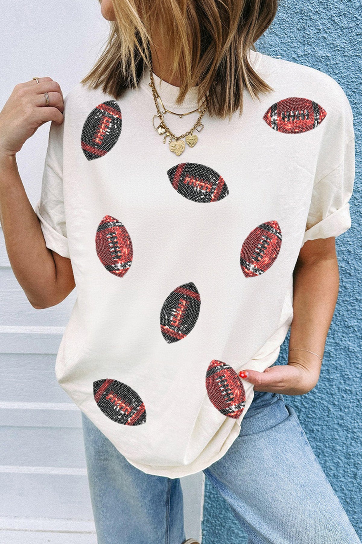 White Sequin Rugby Pattern Round Neck Casual T-Shirt
