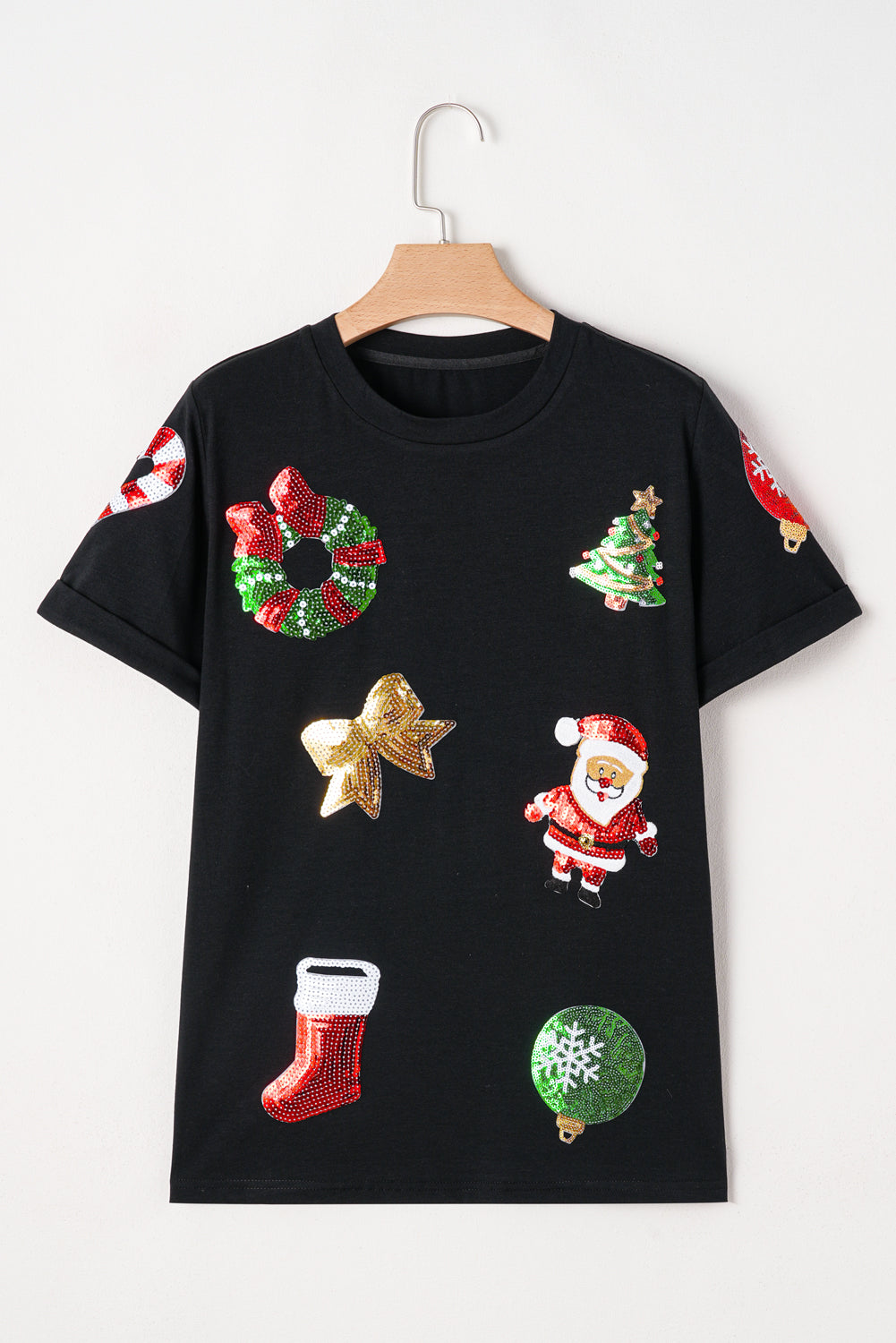 Black Sequin Christmas Essentials Graphic Crewneck T-Shirt
