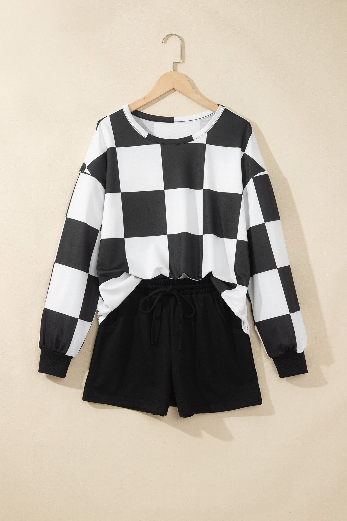 Women's Black Checkerboard Plaid Long-Sleeve Shorts Two-Piece Set