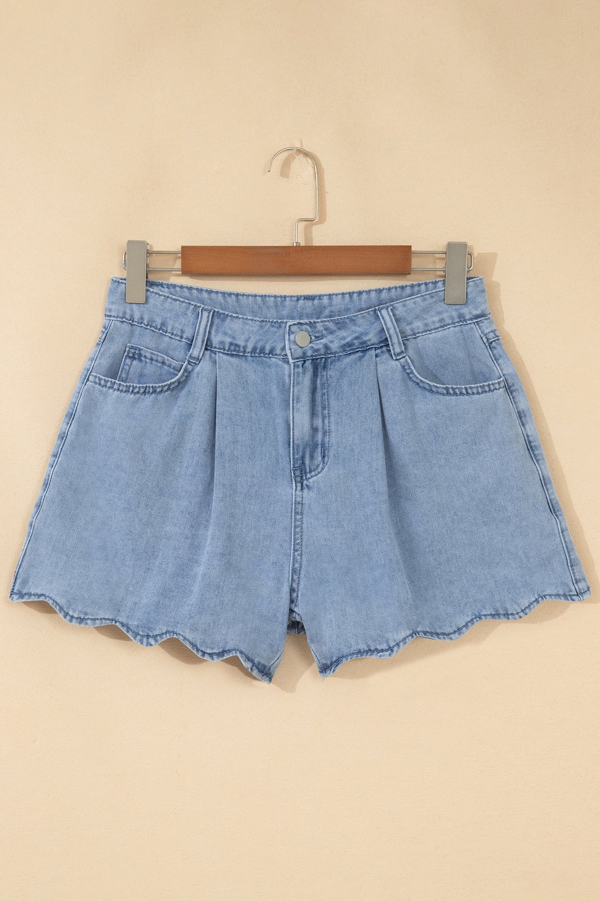 Myosotis Solid Scalloped Trim Casual Denim Shorts