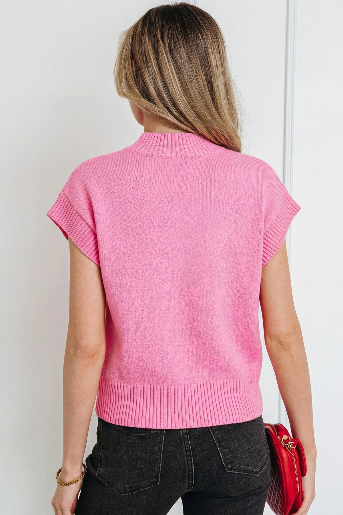 Pink Valentine Heart Graphic Cropped Short Sleeve Sweater