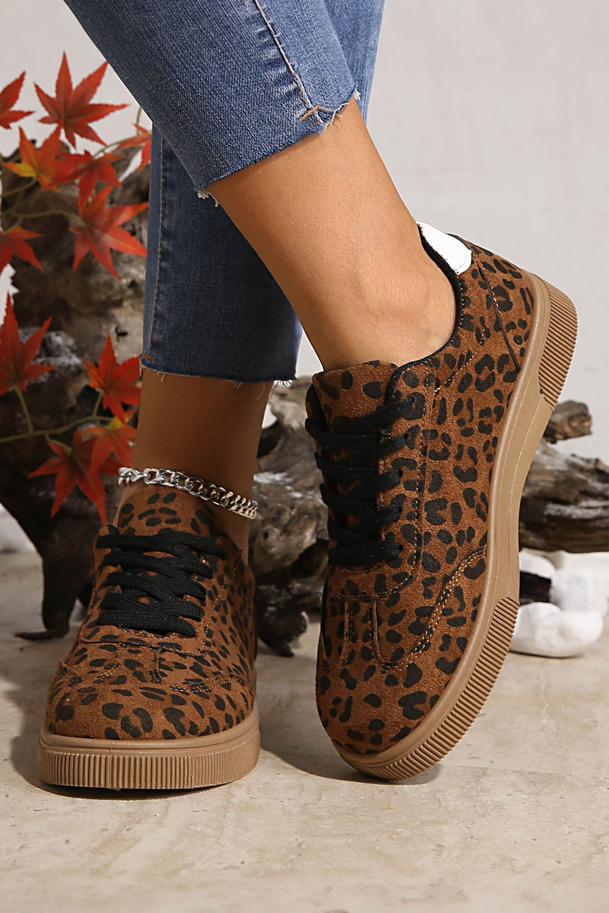 Coffee Leopard Patchwork Lace-Up Sneakers