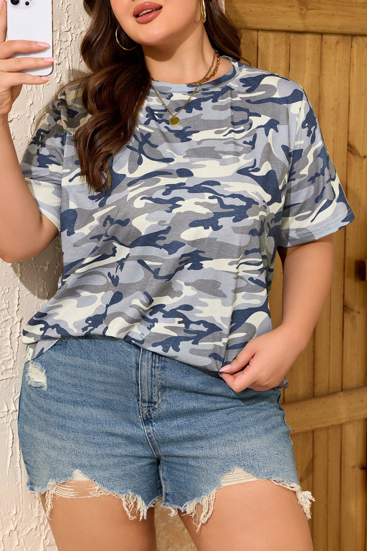 Green Plus Size Camo Print Crew Neck Short-Sleeve Tee