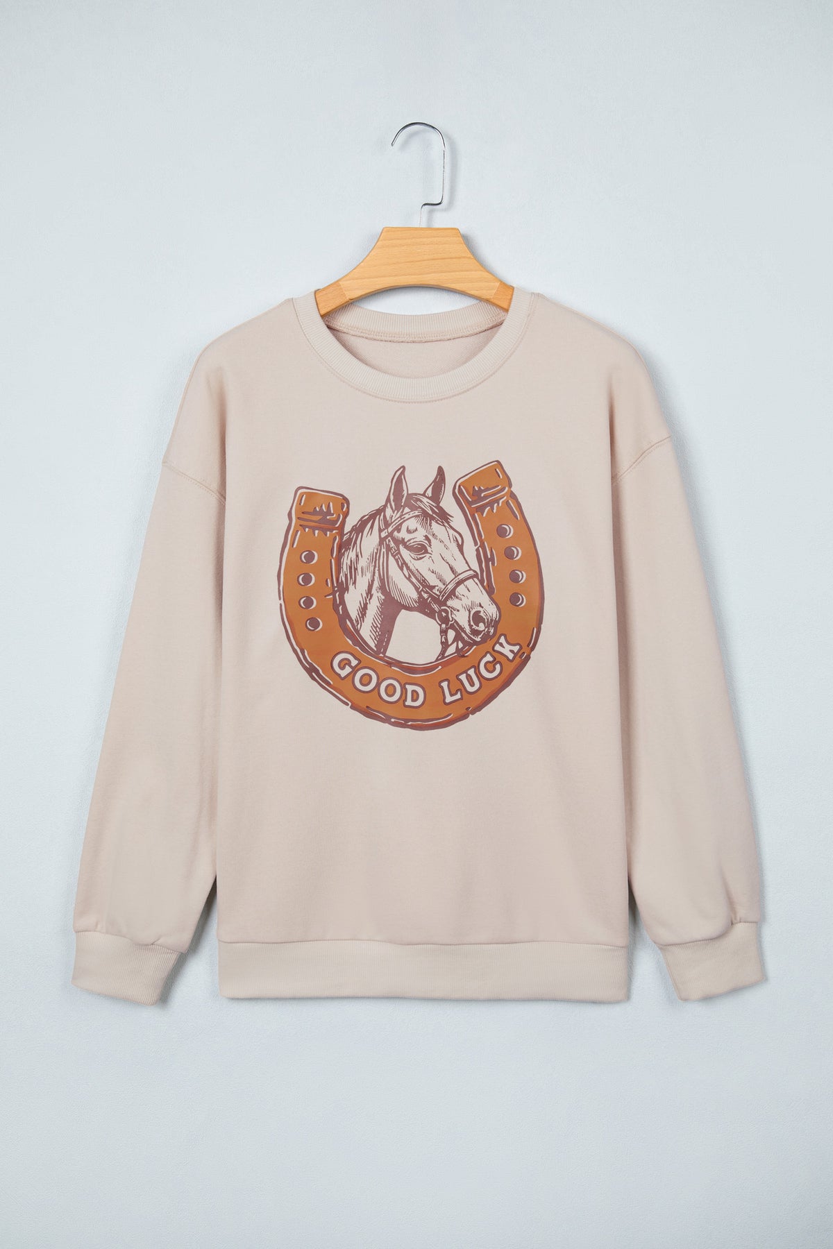 Beige GOOD LUCK Western Horse Print Oversized Sweatshirt