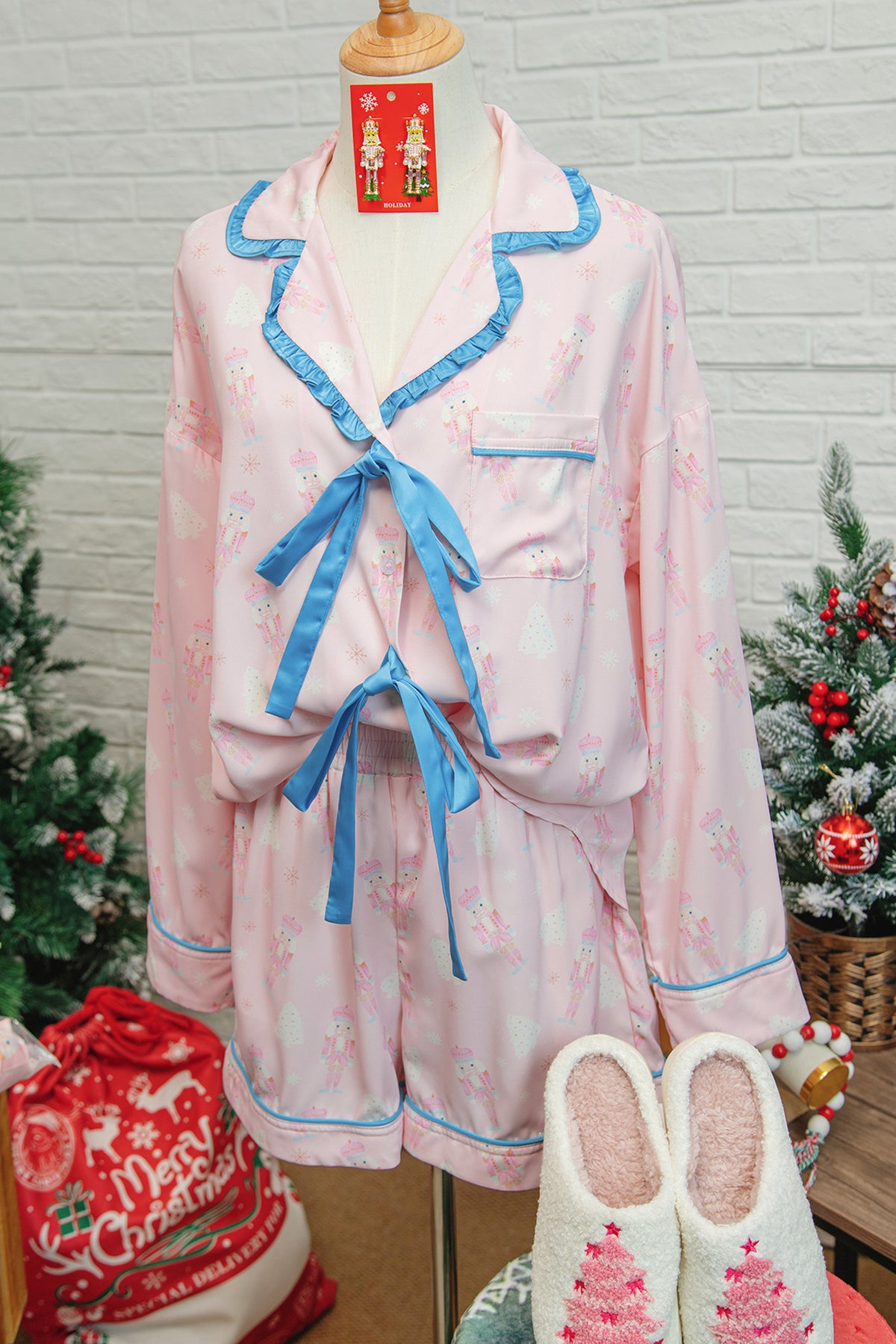 Pink Nutcracker Bow Tie Front Long Sleeve Shirt and Shorts Pajama Set