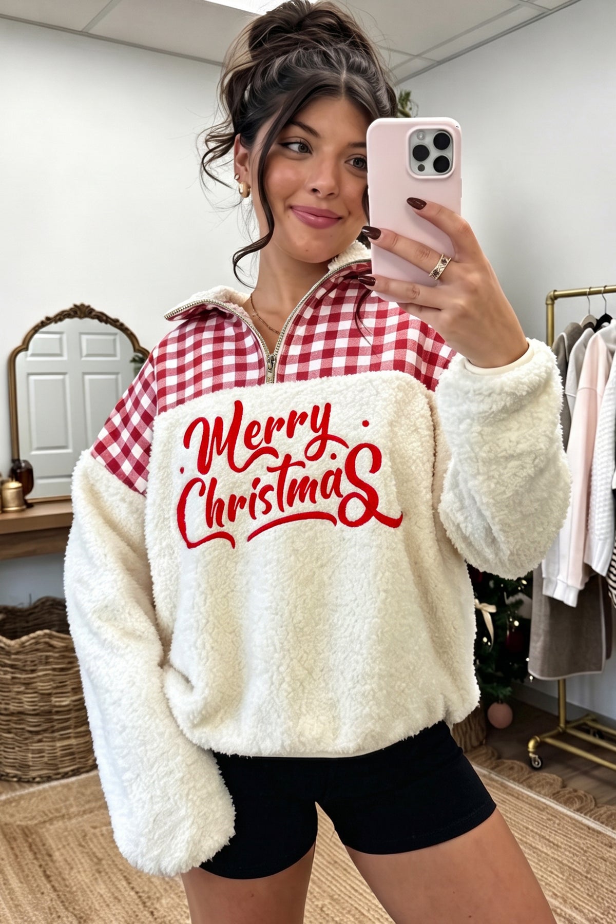 White Plush Plaid Patchwork Merry Christmas Sweatshirt
