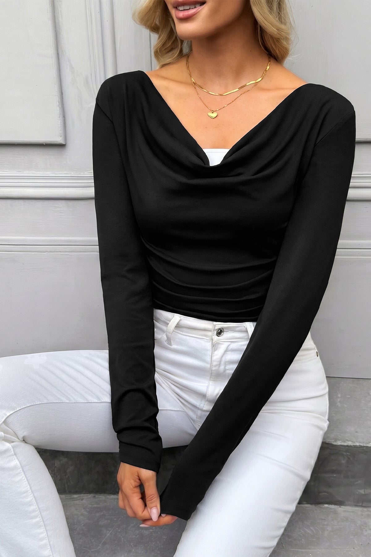 Black Color Block Drape V Neck Pleated Top