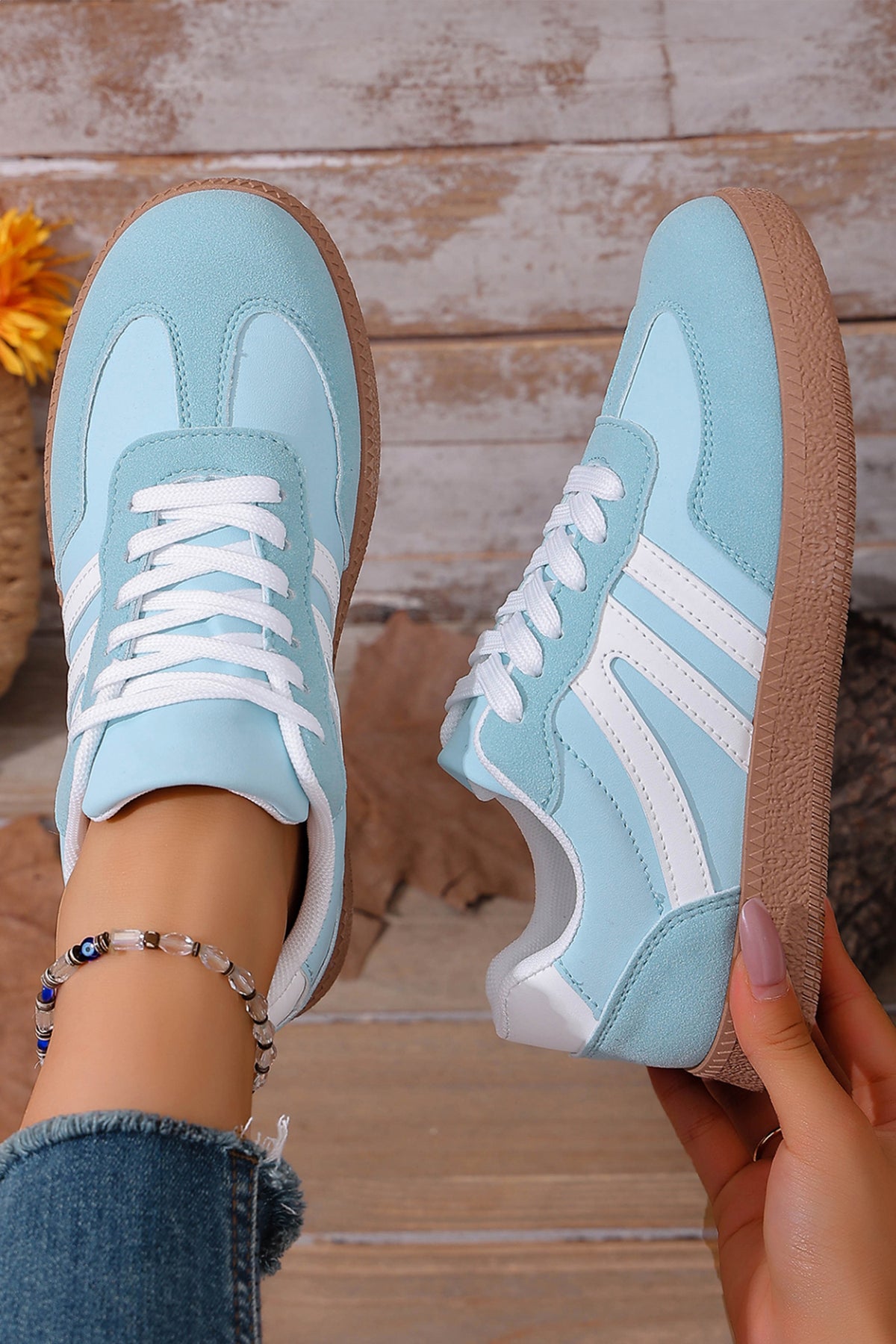 Dusk Blue Faux Suede PU Leather Color Block Patchwork Lace-up Sneakers