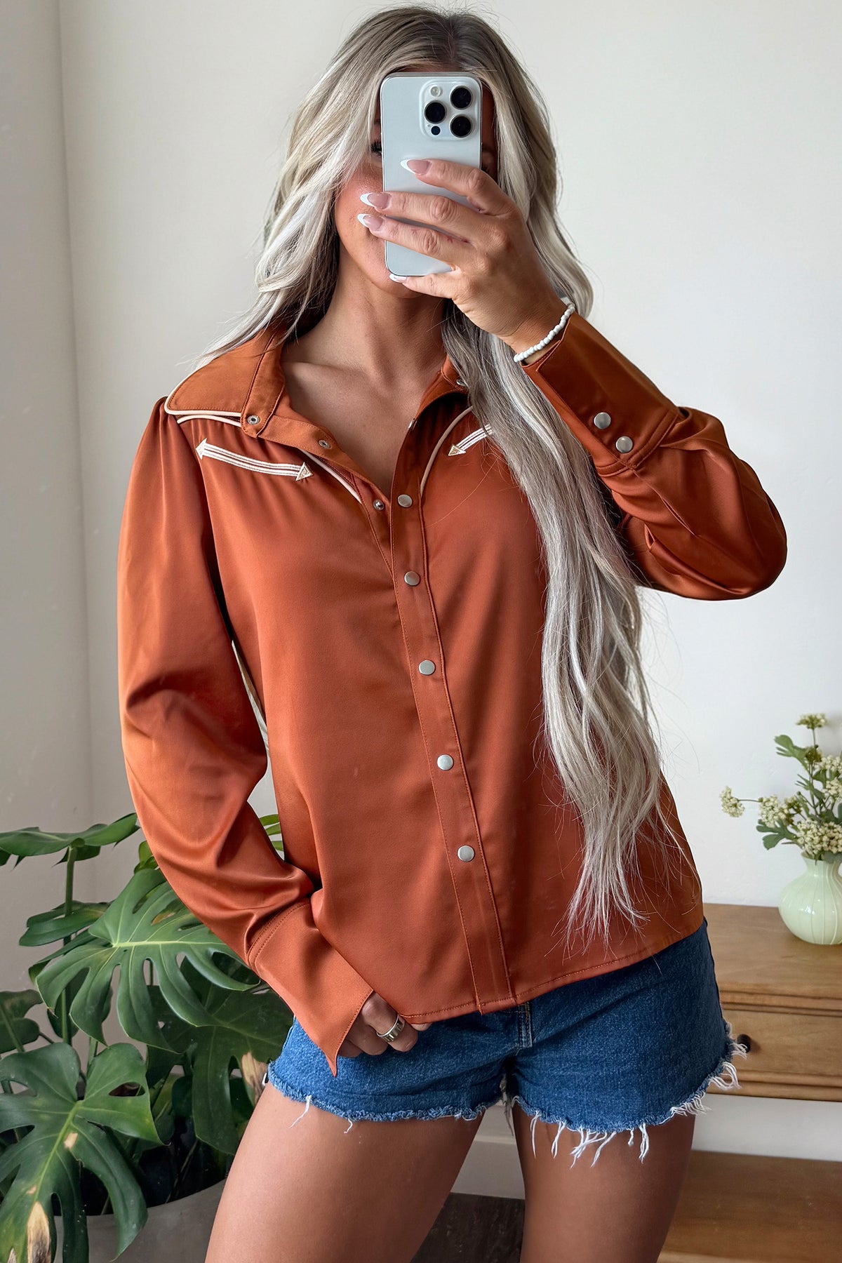 Cinnamon Silky Button Front Western Fashion Shirt