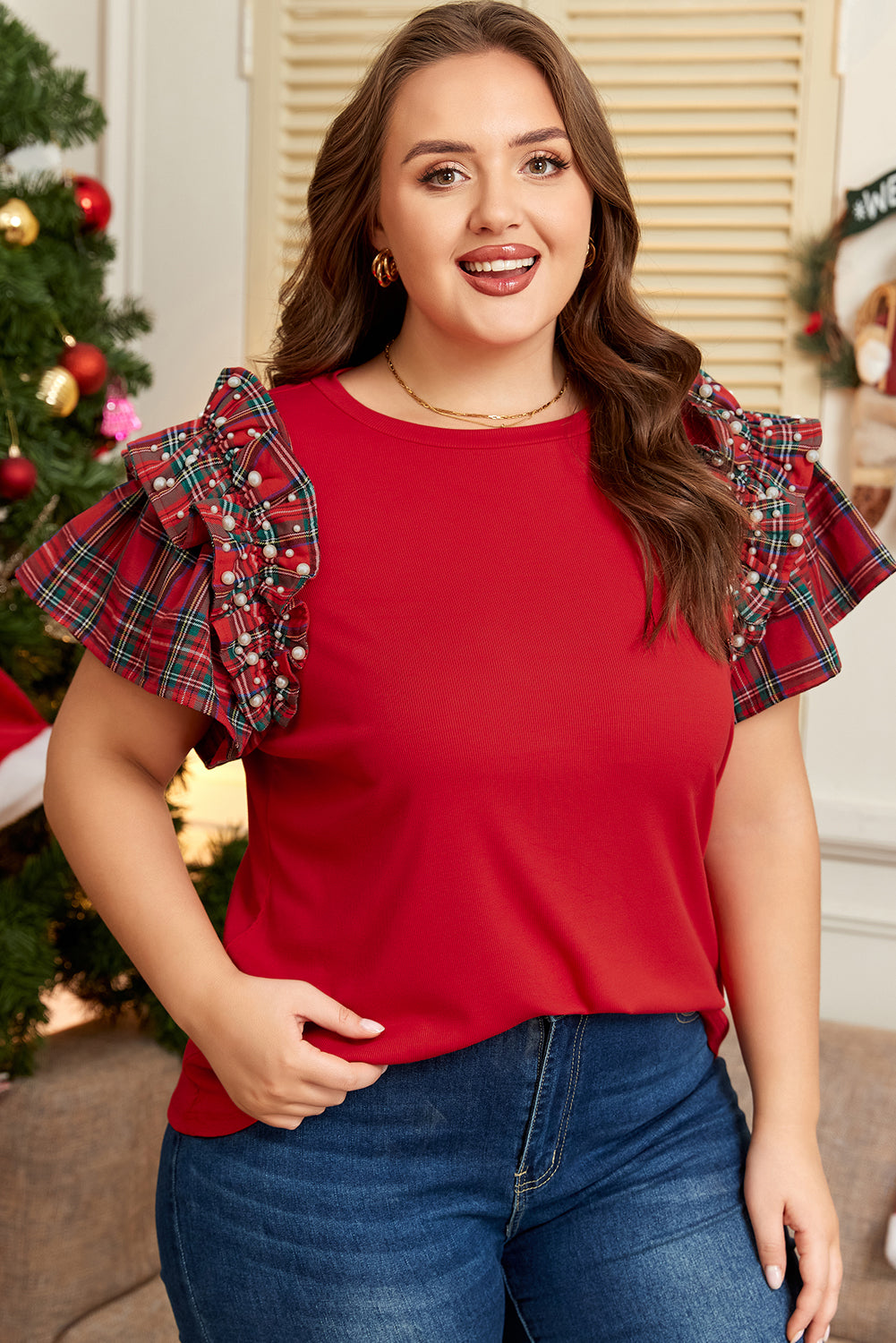 Racing Red Plaid Pearl Ruffled Short-Sleeve Knitted Christmas Holiday Plus Size T-shirt