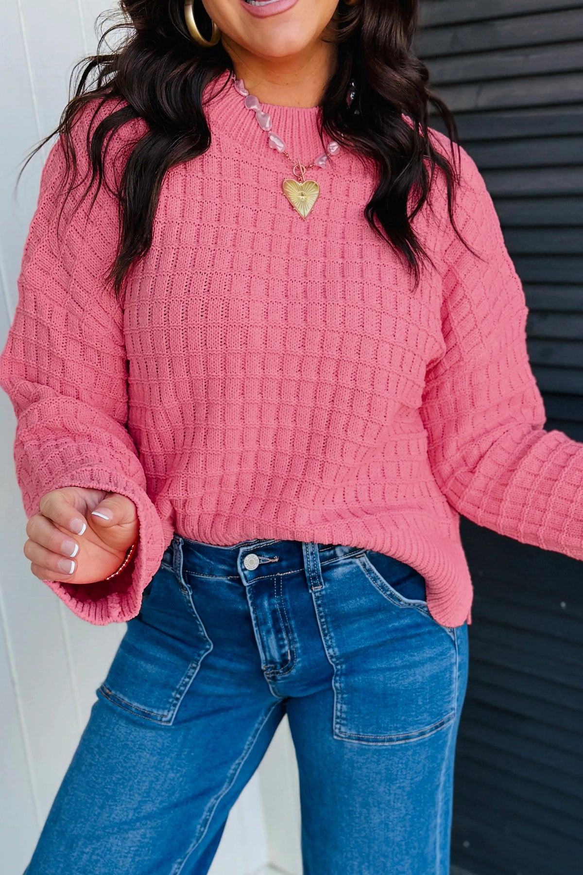 Peach Blossom Drop Shoulder Long Sleeve Knit Sweater
