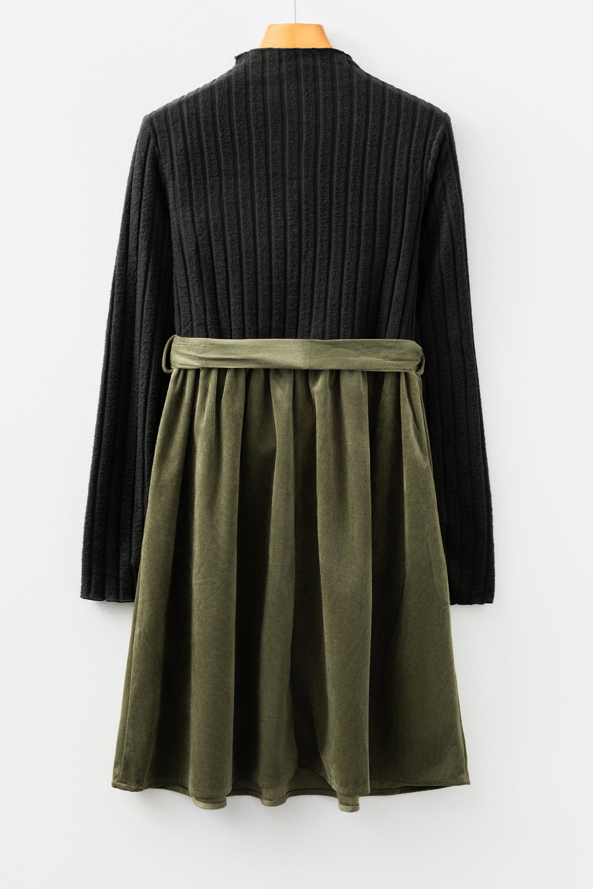 Black Ribbed Knit Slim Bodice Flared Skirt Patchwork Belted Dress