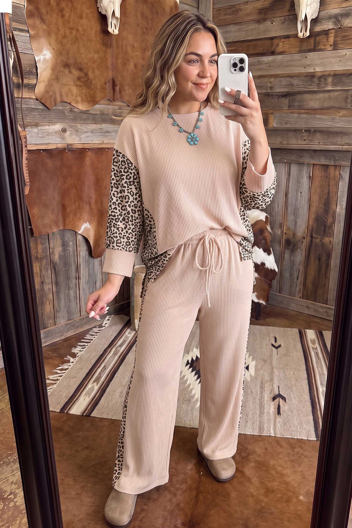 Light French Beige Leopard Print Ribbed Twist Long-Sleeve Top Pants Plus Size Set