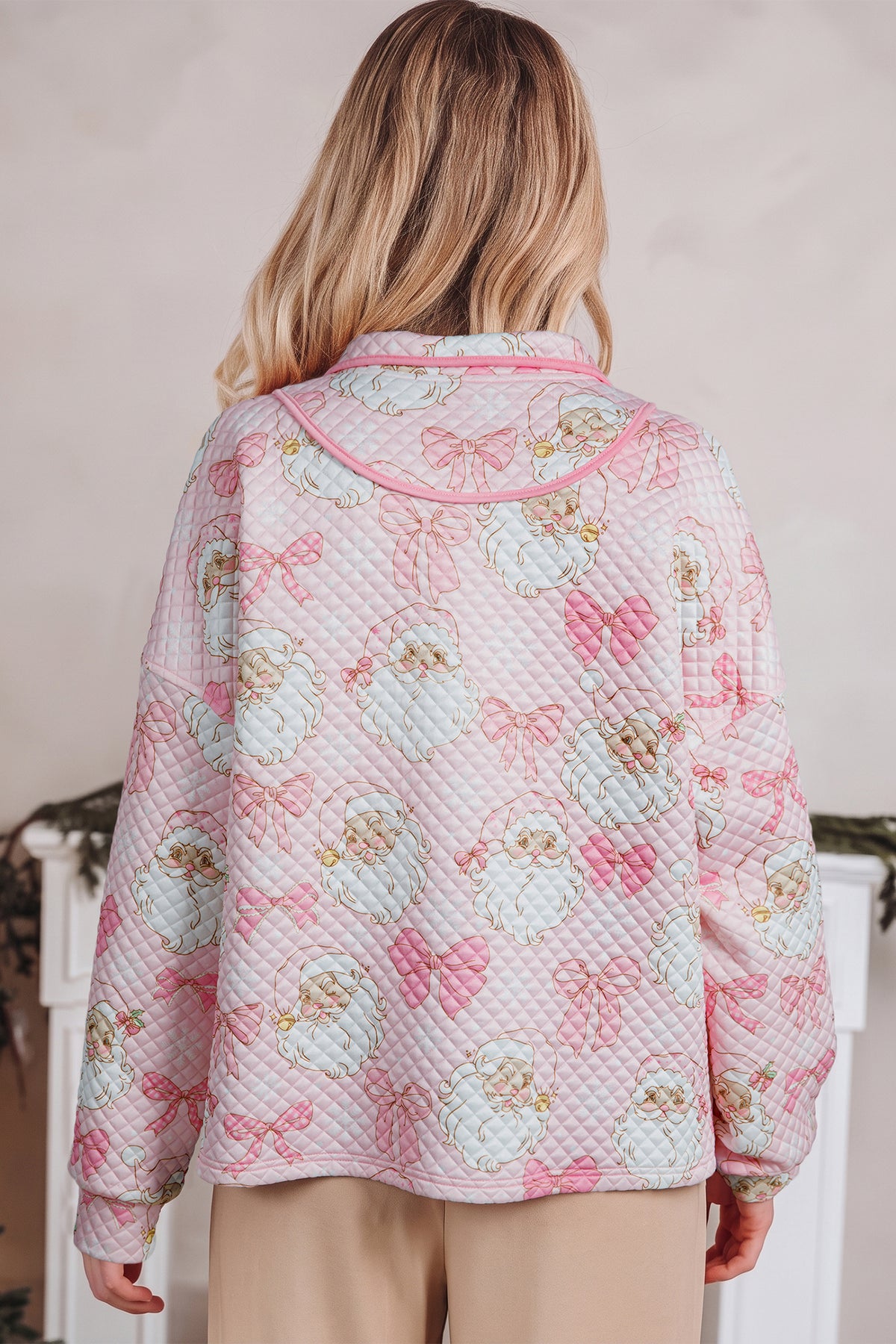 Pink Abstract Christmas Print Zip-Up Collar Sweatshirt