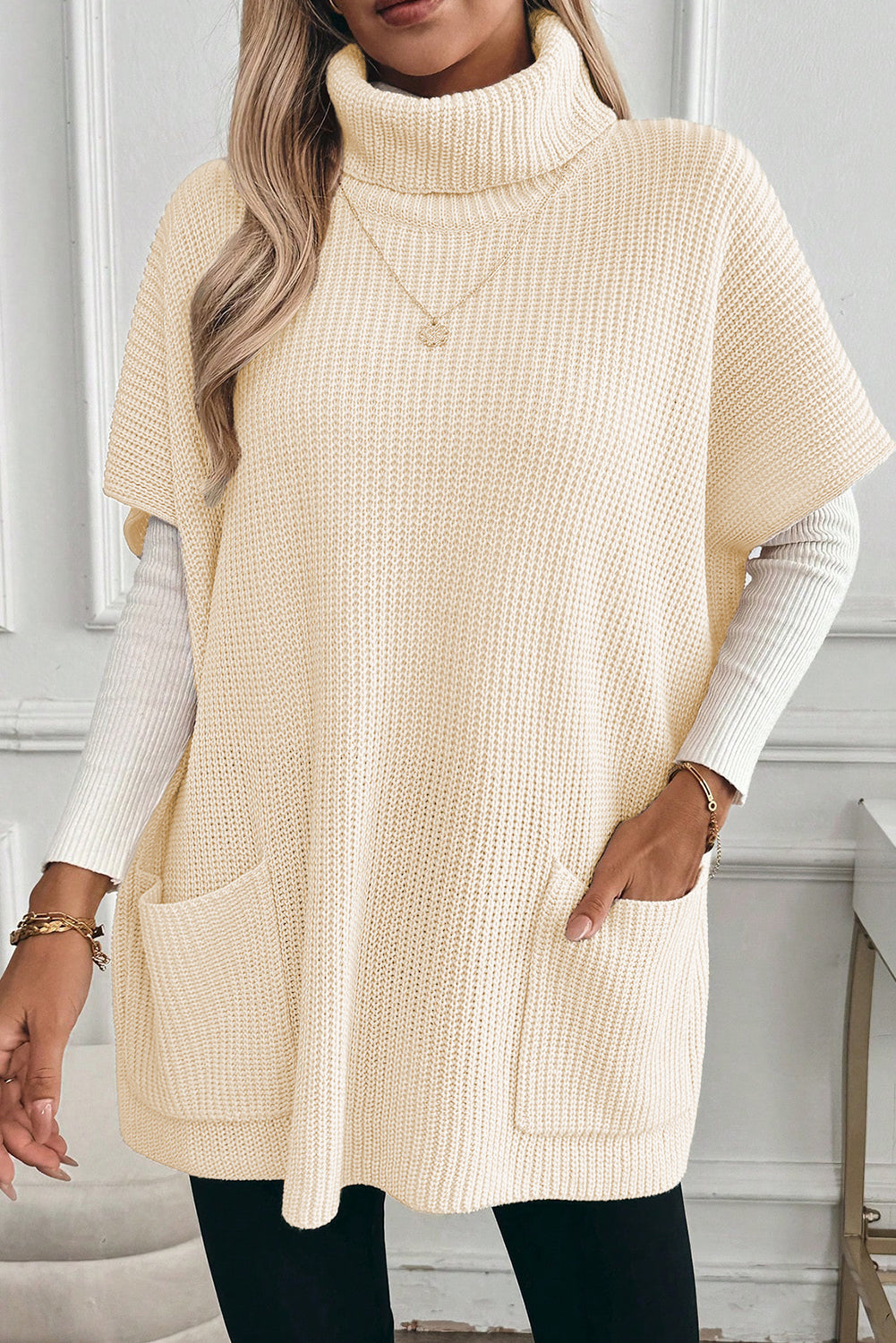 Jet Stream Plain Knit Turtleneck Short Sleeve Tunic Sweater with Pockets