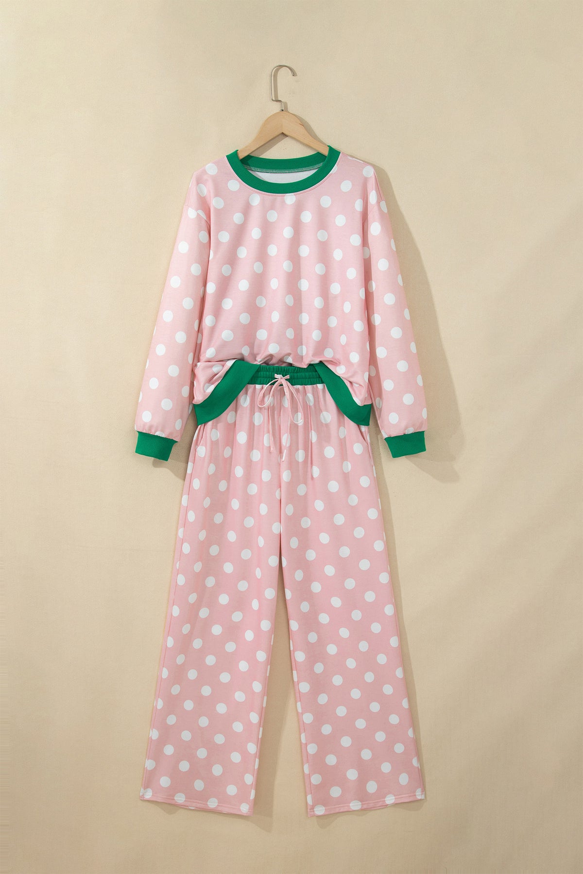 Women's Sky Blue Polka Dot Contrast Trim Long-Sleeve Top Drawstring Shift Pants Set