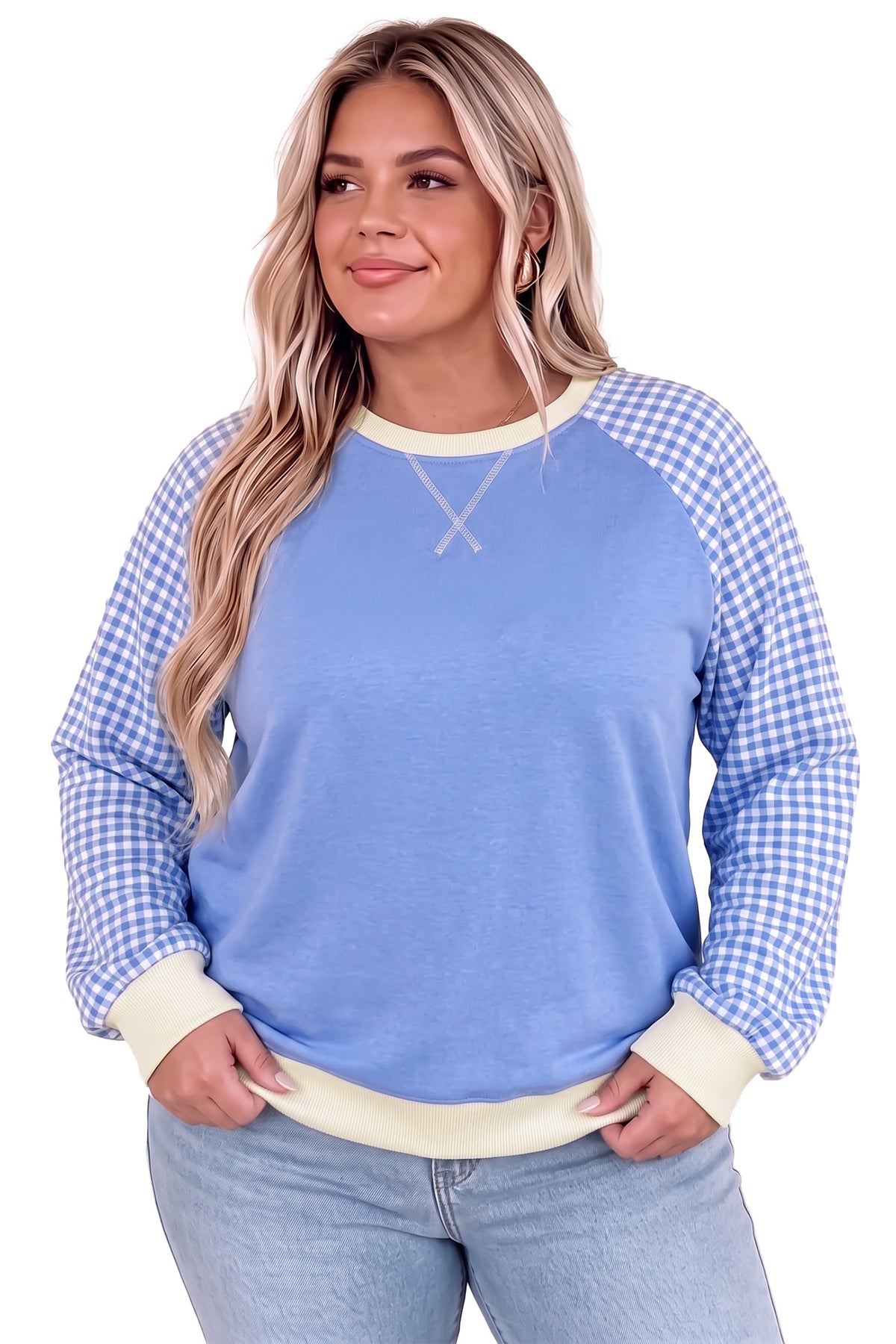 Light Blue Plaid Sleeve Ribbed Colorblock Trim Sweatshirt