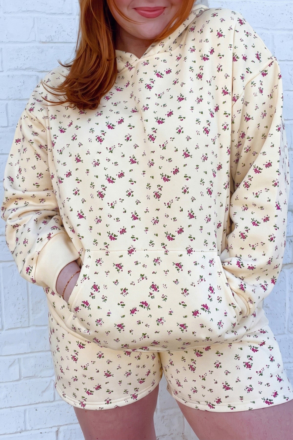 Beige Floral Print Hooded Long-Sleeve Plus Size Set
