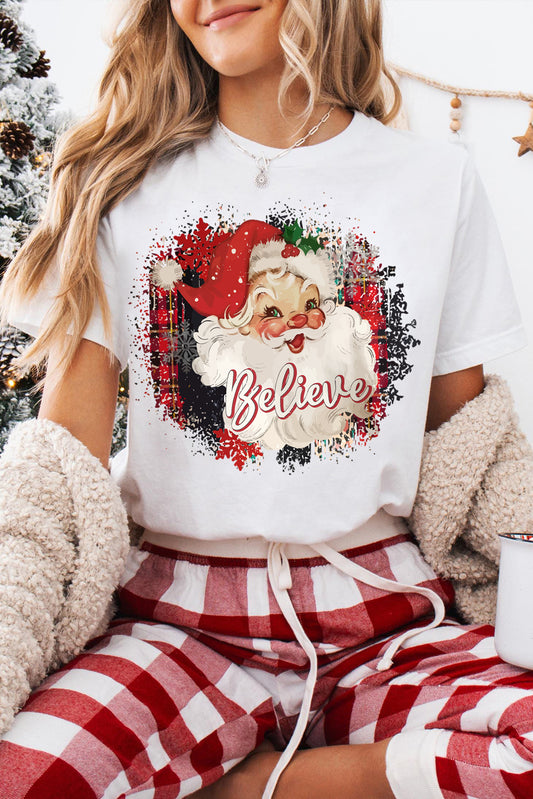 White Believe Christmas Father Graphic Crewneck T-Shirt