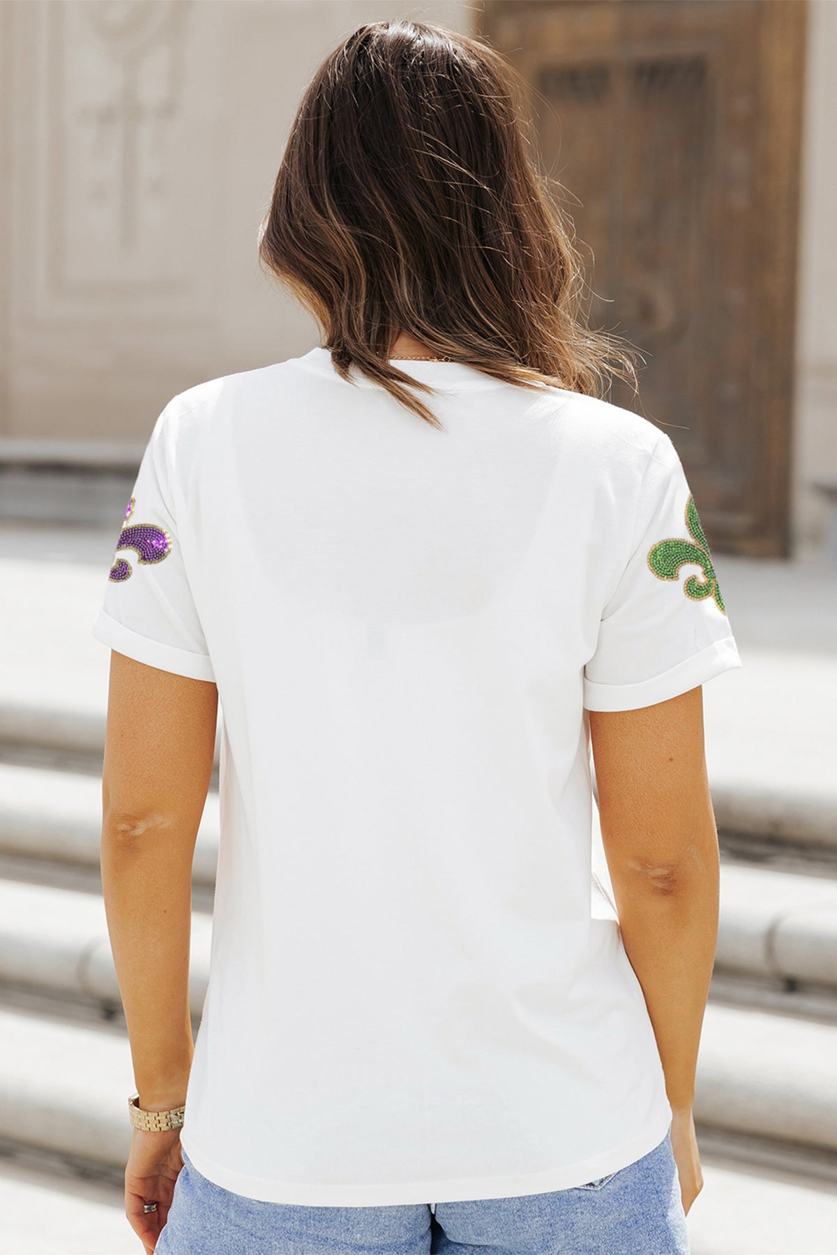White Mardi Gras Fleur De Lis Sequin Graphic T-Shirt