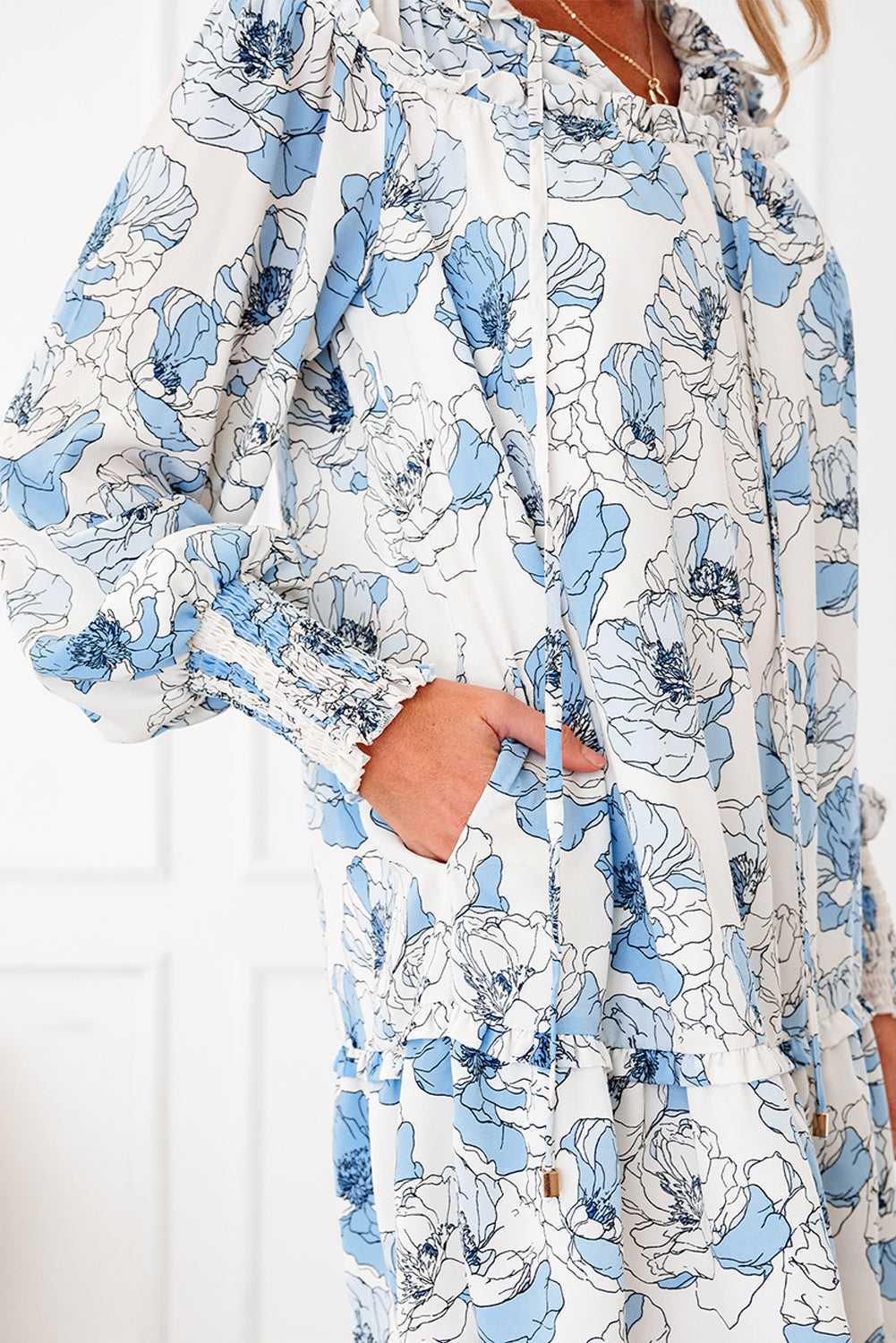 Sky Blue Floral Print Tie Neck Long Sleeve Flowy Mini Dress
