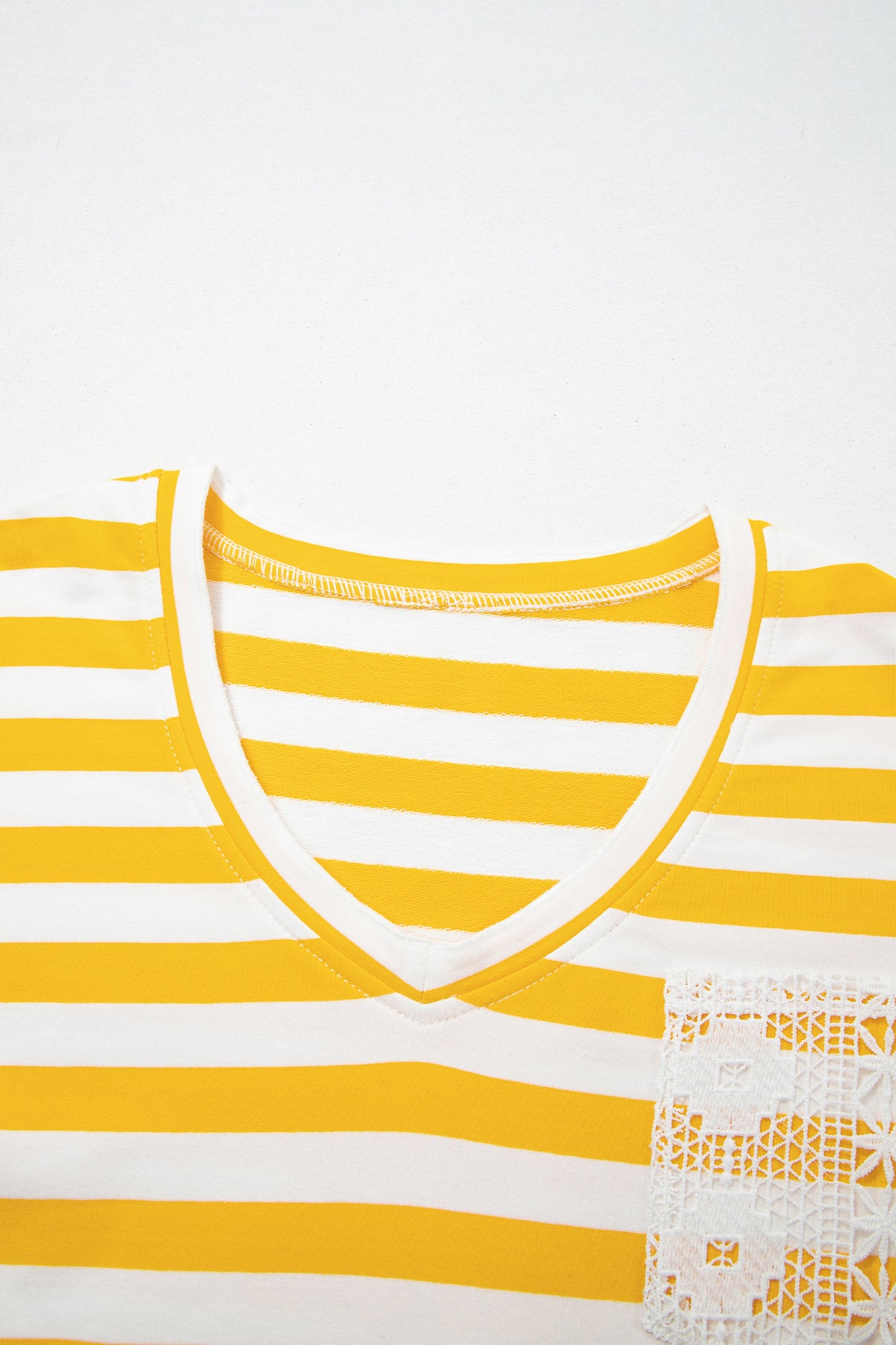 Yellow Stripe Striped Lace Patchwork V Neck Top