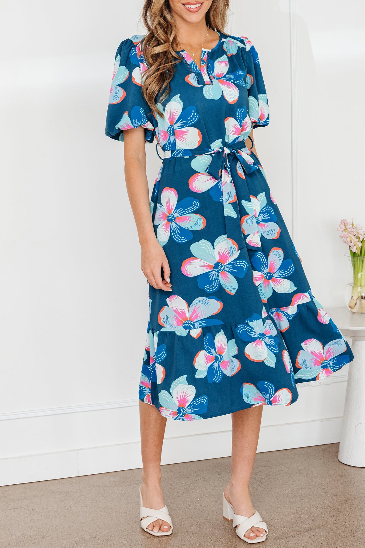 Blue Floral Print Short Puff Sleeve Ruffle Hem Belted Long Dress