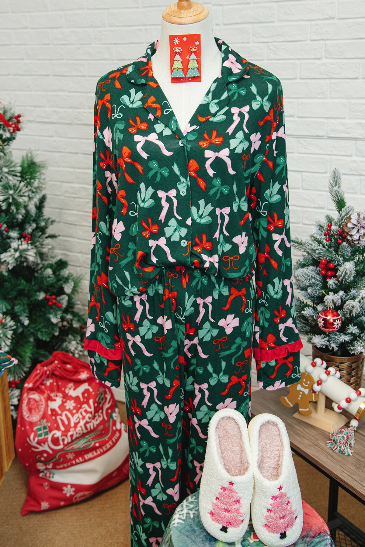 Green Festive Bow Print Pajama Pants Set
