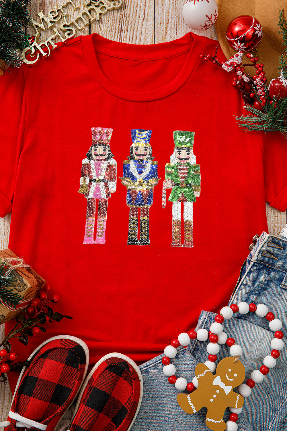 Red Sequined Christmas Nutcracker-man Graphic Cuffed Short Sleeve T-Shirt