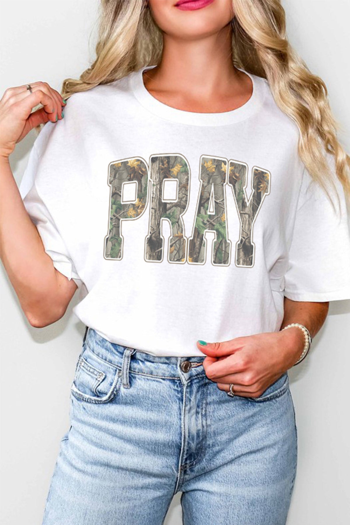 White PRAY Camo Letter Print Casual Round Neck T-Shirt