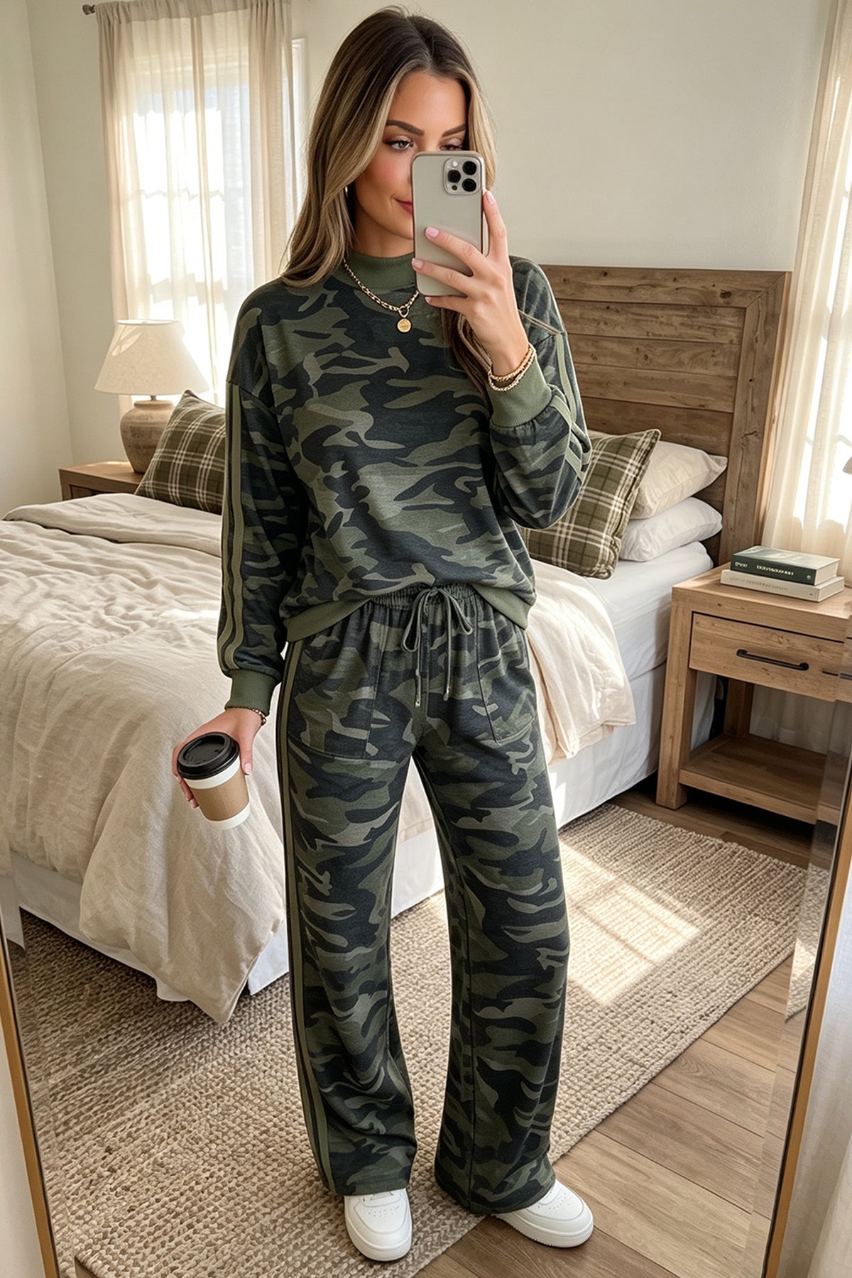 Multicolour Camouflage Patchwork Striped Long Sleeve Top Pants Set