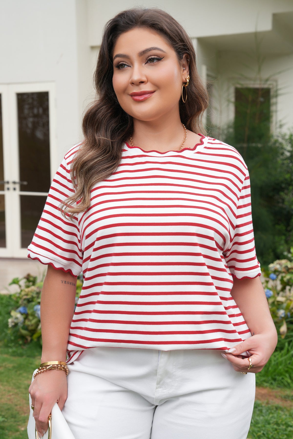 Red Stripe Plus Size Scalloped Trim Round-Neck Short-Sleeve Top