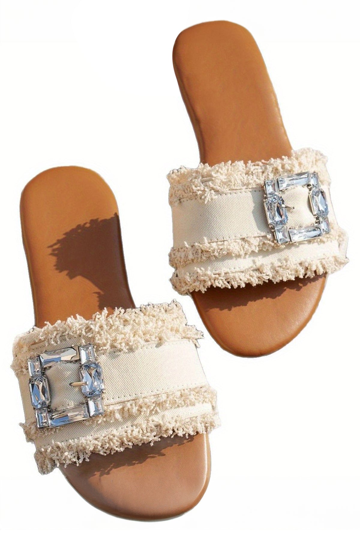 White Frayed Wide Band Rhinestone Buckle Slippers