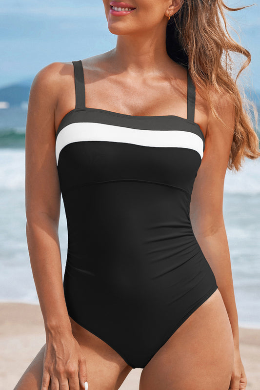 Black Colorblock Adjustable-Strap One-Piece