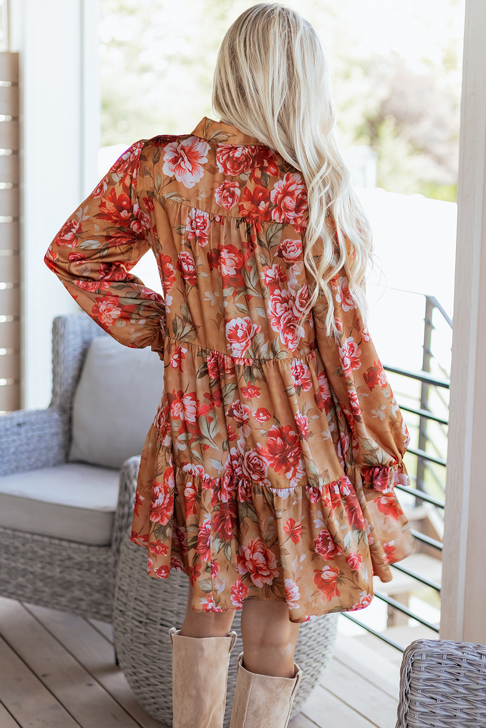 Brown Vintage Floral Print Half Button Long Sleeve Ruffle Mini Dress