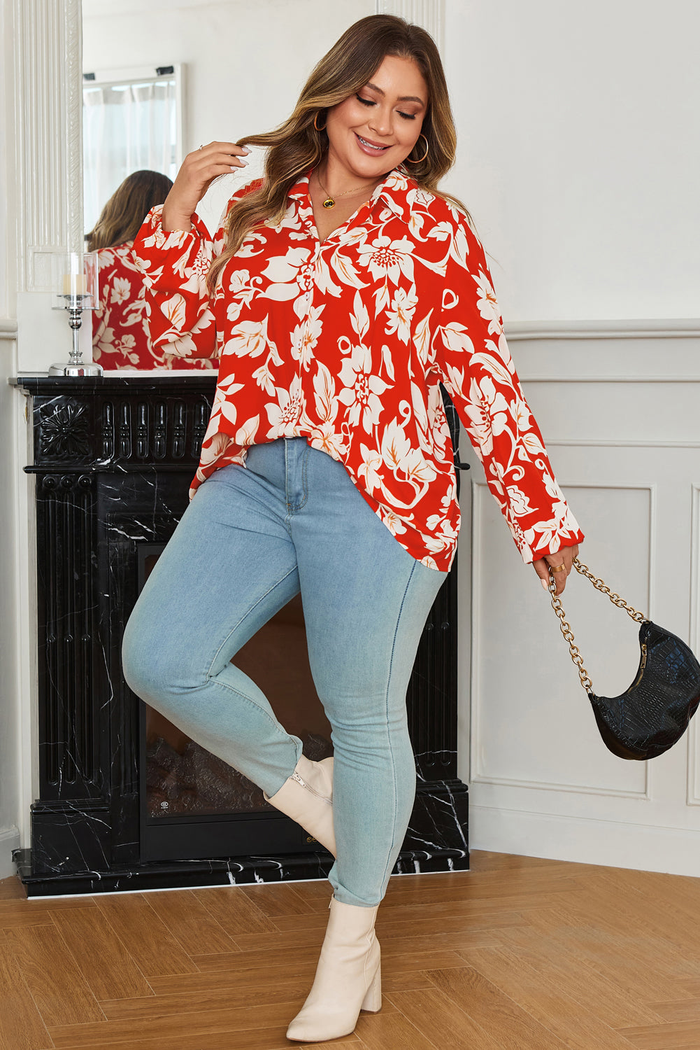 Red Plus Size Floral Print Loose Button-Up Shirt