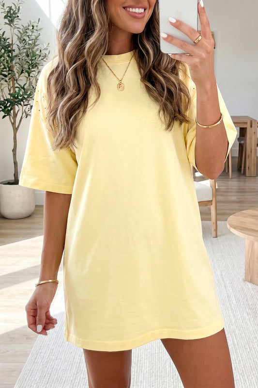 Yellow Cream Eyelet Embroidered Lace Splicing Sleeve T Shirt Dress