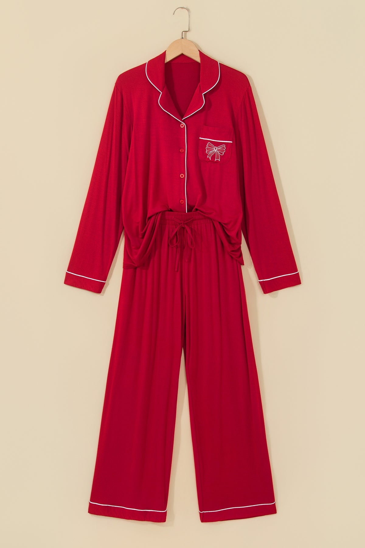 Racing Red Bow Pocket Long Sleeve Pajama Set