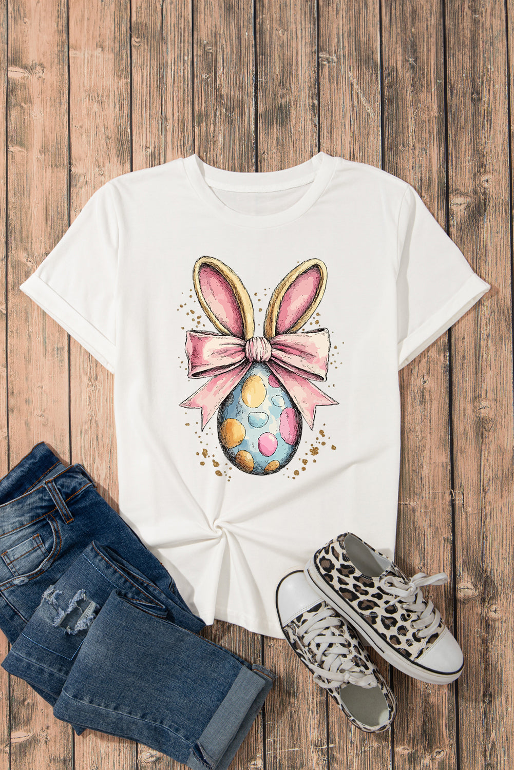 White Easter Egg Bow Bunny Ear Printed T-Shirt
