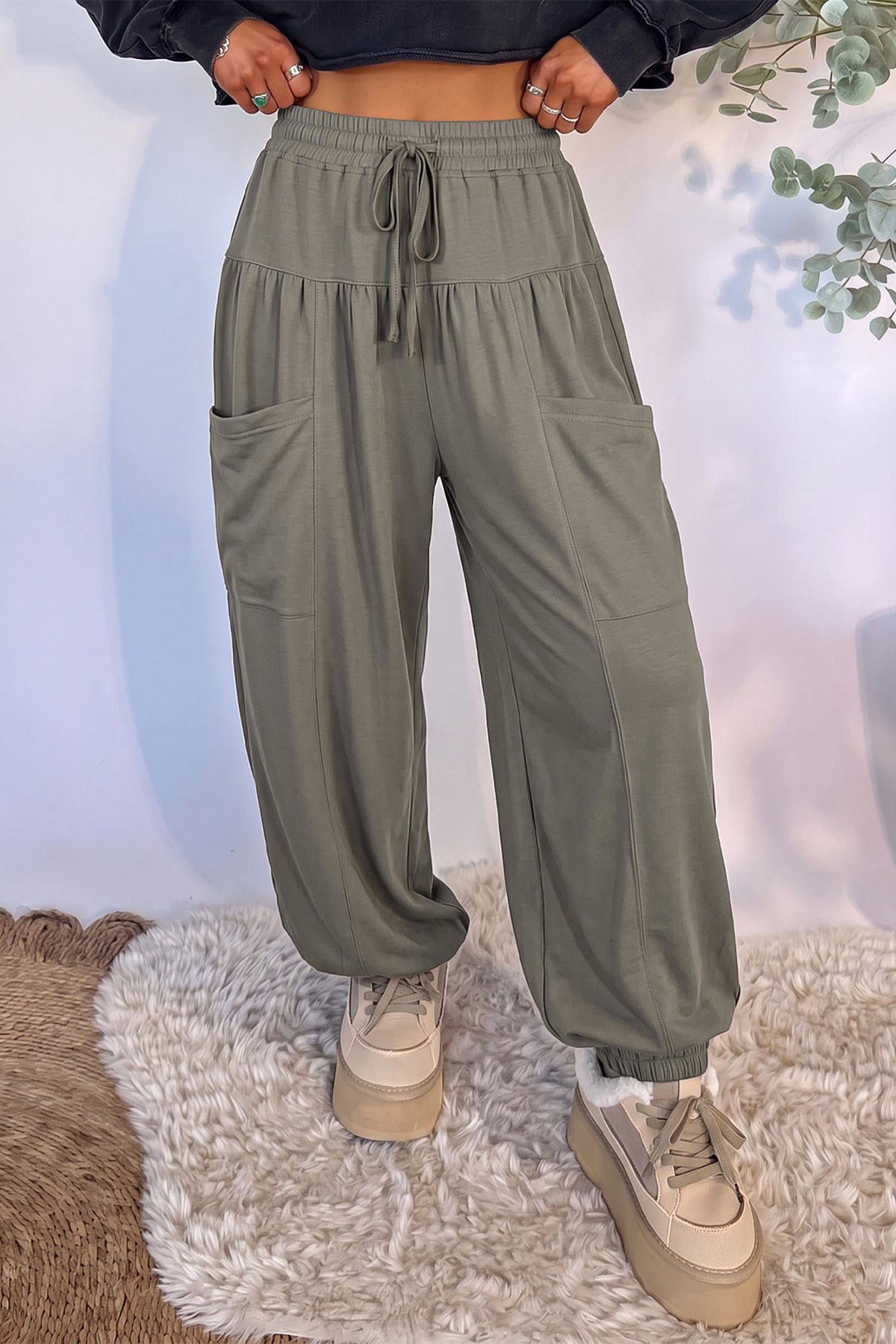 Dirty blue Elastic Waist Drawstring Wide Leg Full-Length Pants