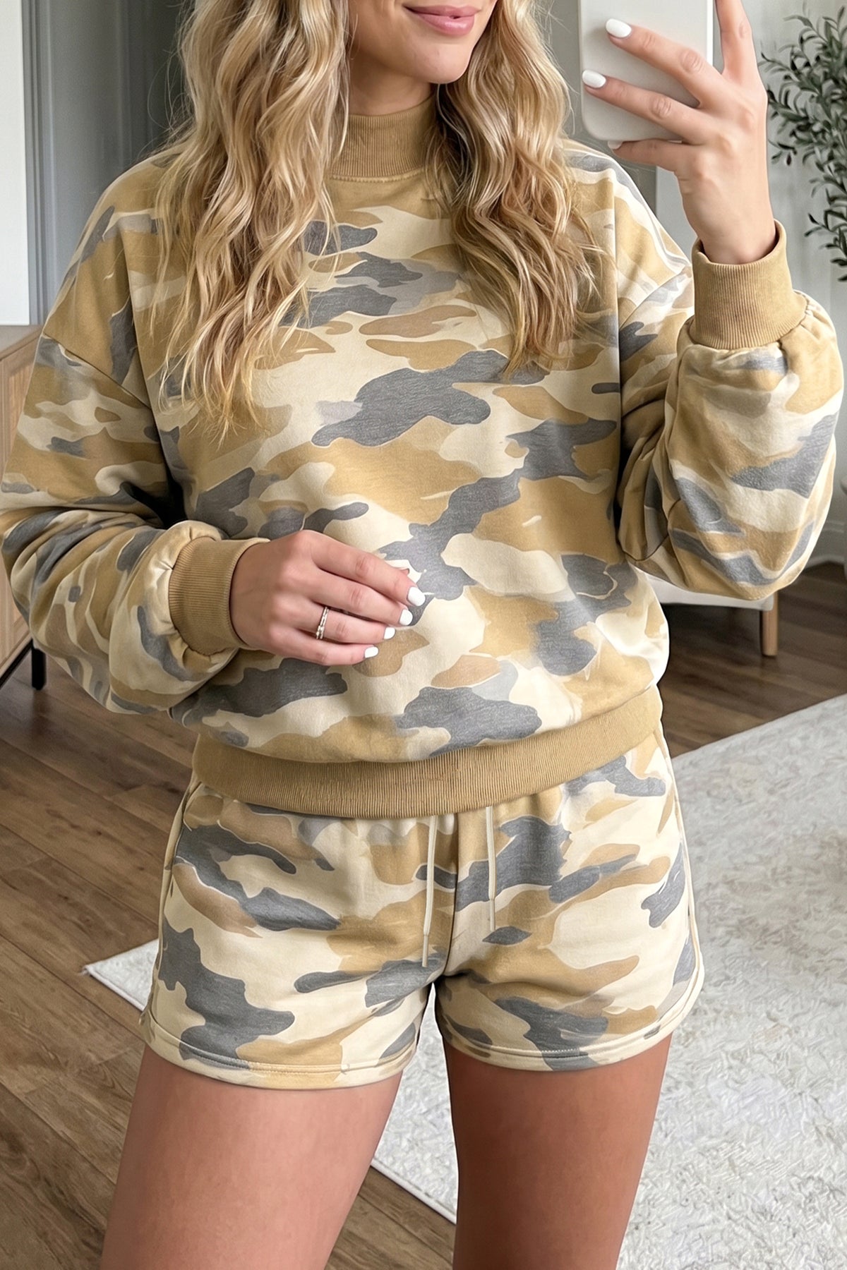 Women's Multicolour Camouflage Print Long-Sleeve Top Drawstring Shorts Set