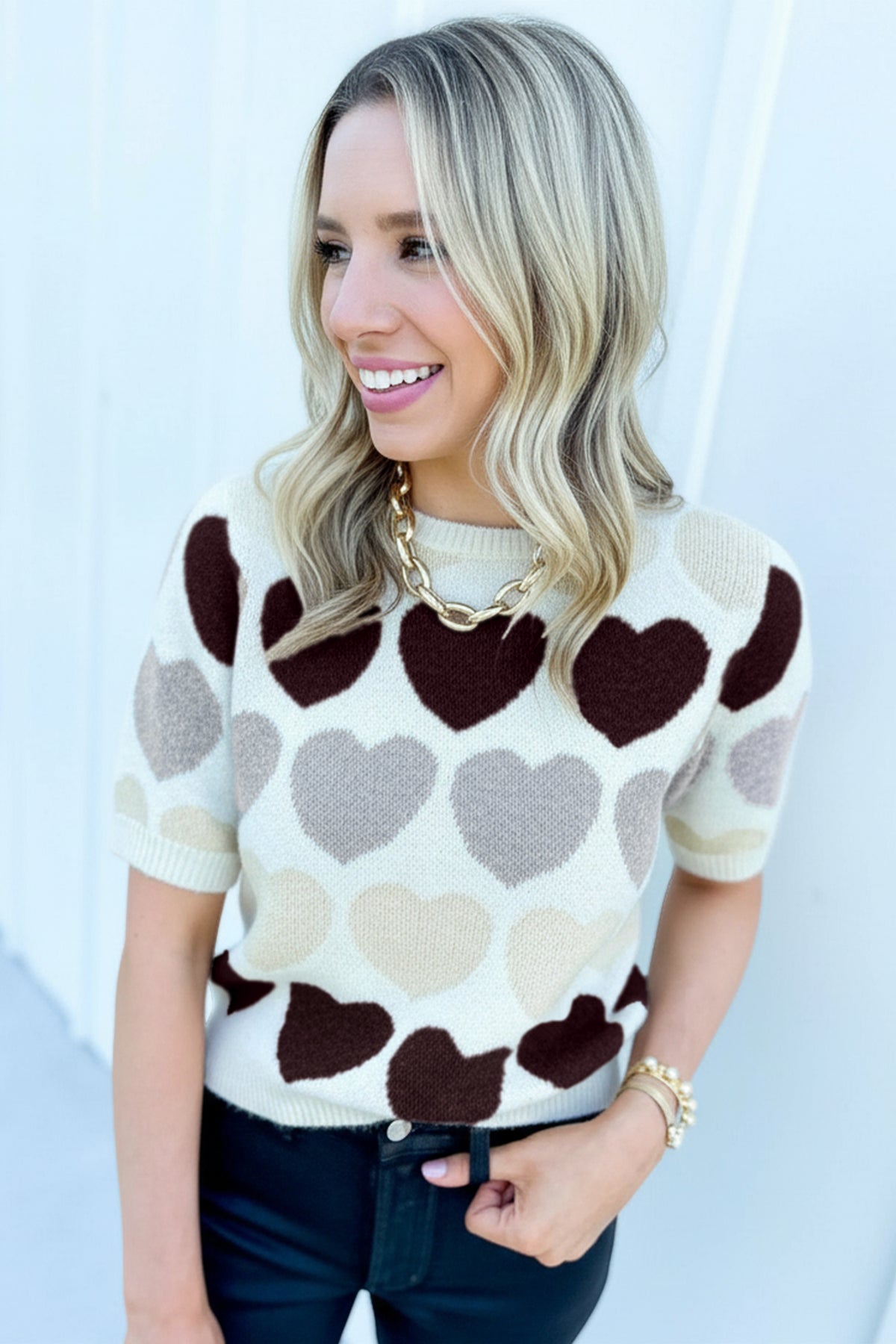 White Valentine Heart Short Sleeve Sweater