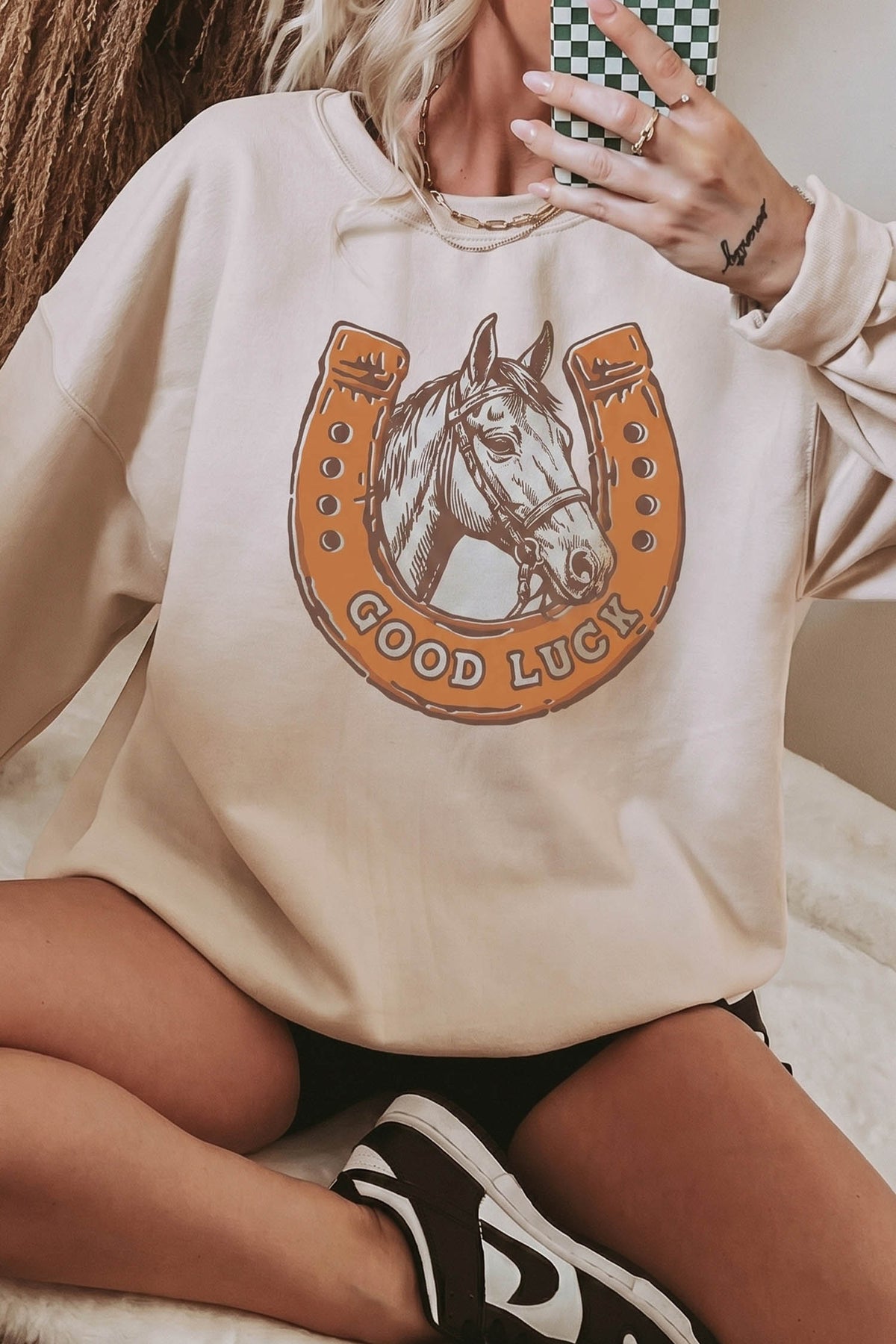 Beige GOOD LUCK Western Horse Print Oversized Sweatshirt
