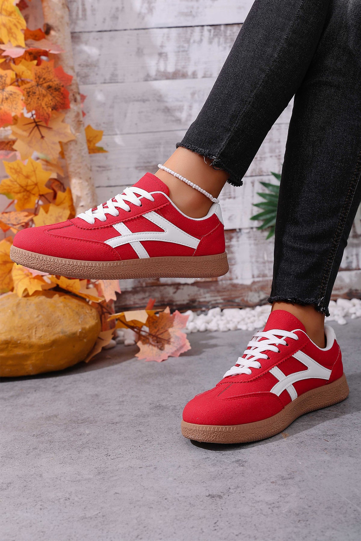 Racing Red Faux Suede Patchwork Lace-Up Sneakers