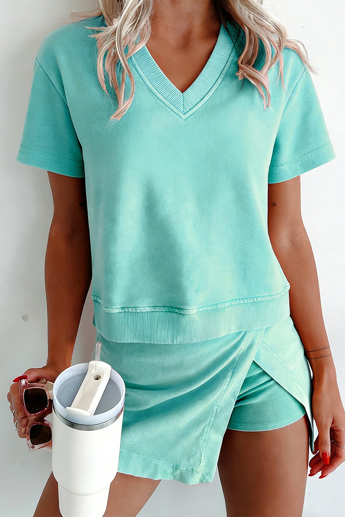 Women's Mint Green Mineral Wash V-Neck Tee Matching Skort Two-Piece Set
