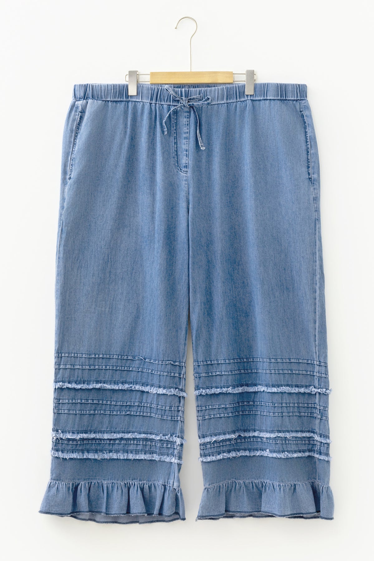 Dusk Blue Tiered Raw Edge Ruffled Plus Size Wide-Leg Denim Pants