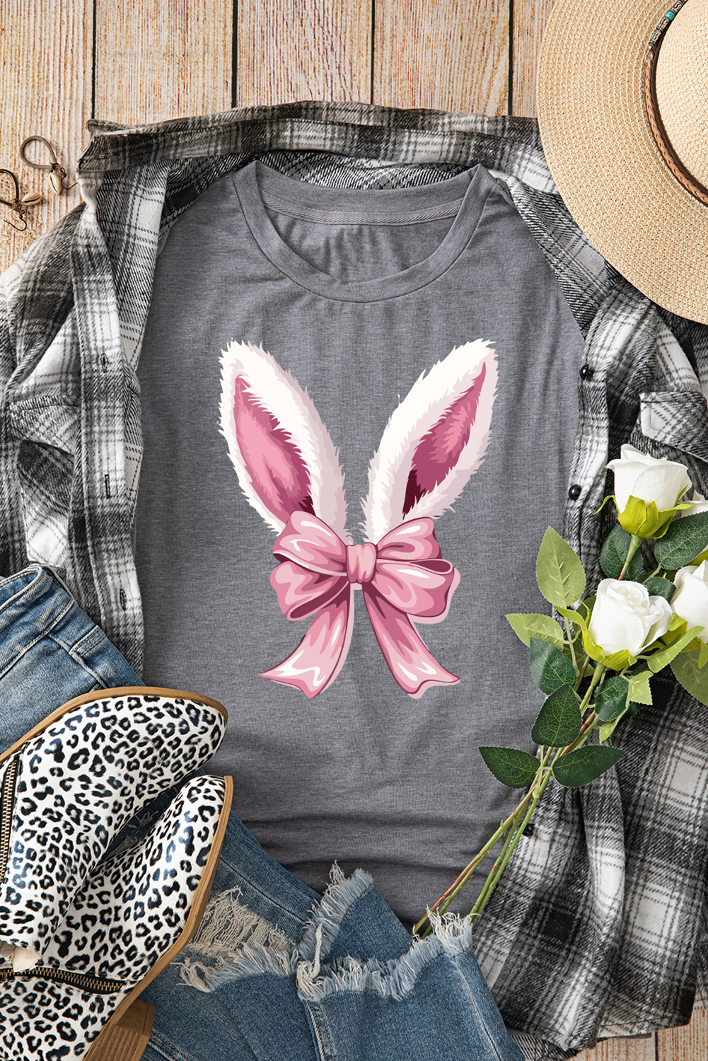 Gray Bunny Ear Bow Printed Easter Fashion T-Shirt