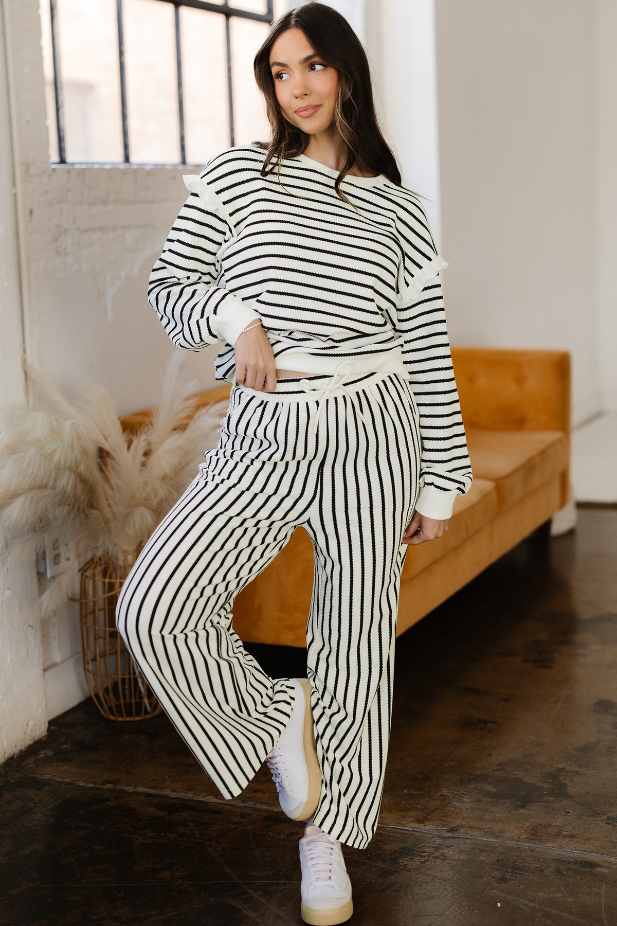 Women's White Stripe Ruffle Trim Drop Shoulder Top & Pants Two-Piece Set