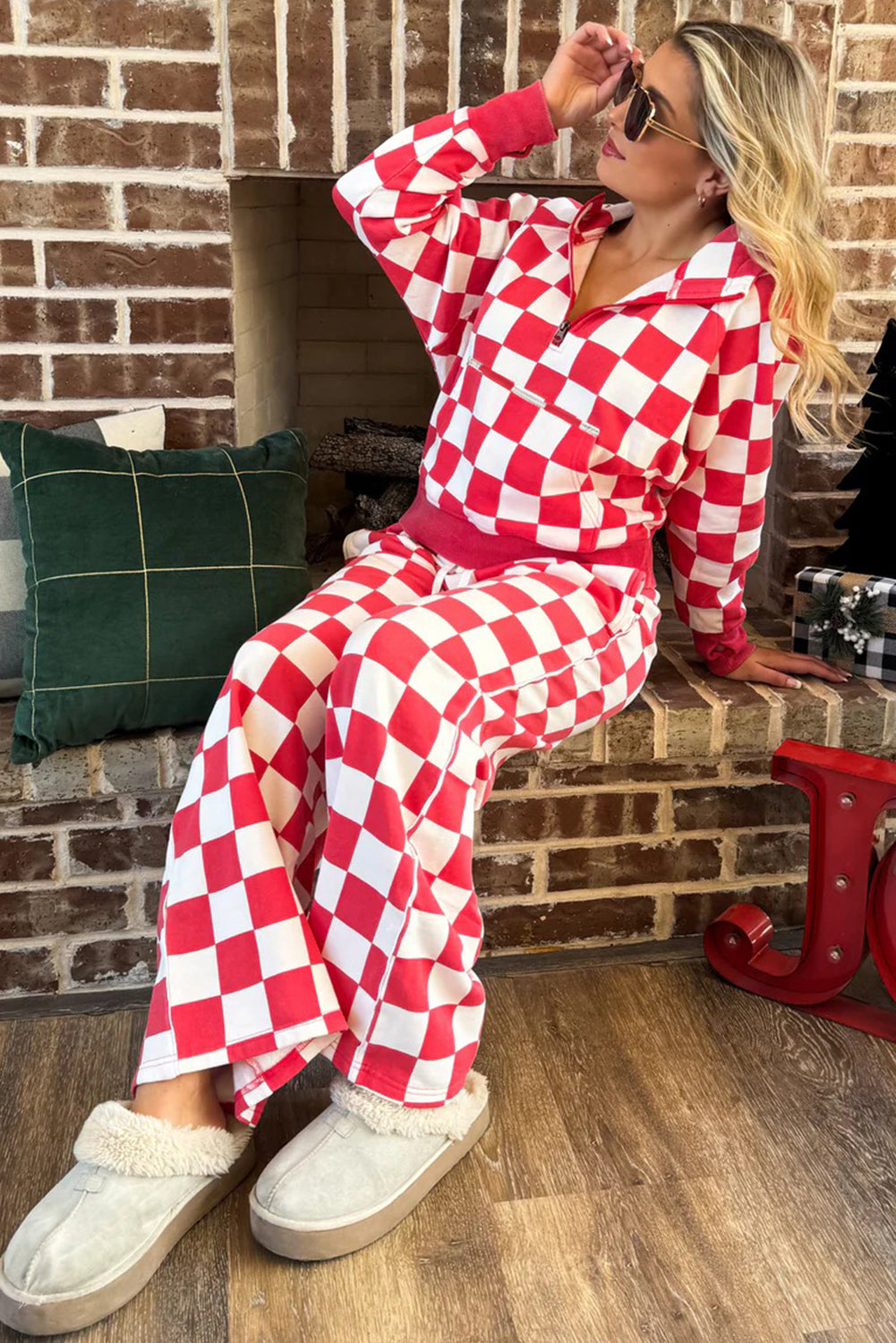 Women's Red Checkered Print Half Zip Hoodie Pants Two-Piece Set